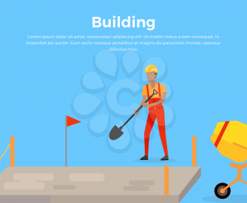 Building banner web design flat style. Working in a helmet with a shovel near a cement mixer. Construction and worker, mixer equipment for building, mix machinery working man, vector illustration
