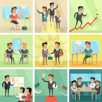 Set of business concepts. Flat design. Illustrations for business topics. Office work, meeting, success planing, conversations, victory. Business people characters. Elements for infographic.