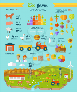 Eco farm infographic vector elements. Flat design. Collection of traditional farming icons. Animals, vegetables, agriculture machines and buildings. Circle and column diagrams. Country landscape.
