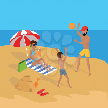 Summer vacation concept illustration. Vector flat design. Leisure on tropical sunny seaside with family. Beach entertainments and games. Sand castle building and volleyball in a tropical country
