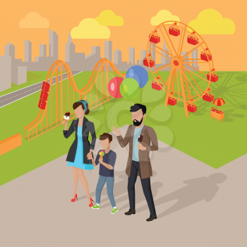 Family holiday in the amusement park vector illustration. City entertainment in the summer vacation concept. Man, woman and child eating ice-cream near roller coaster.