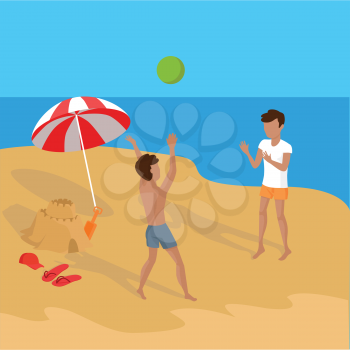 Summer vacation concept illustration. Vector flat design. Leisure on tropical sunny seaside with friends. Beach entertainments and games. Sand castle building and volleyball in a tropical country.