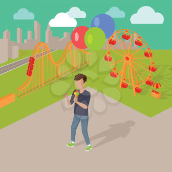 Family holiday in the amusement park vector illustration. City entertainment in the summer vacation concept. Child holding air balloons and eating ice-cream near attractions.