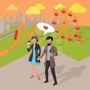 Couple in love spending time in the amusement park vector illustration. Male and female dating concept. Man and woman eating ice-cream near attractions.