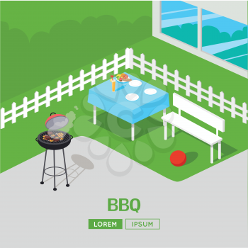 House backyard with grill. BBQ party vector illustration In isometric projection. Barbecue concept web banner. Family summer picnic on the grass outside the house. Dinner in the open air with meats.