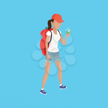 Hiking with backpack illustration. Woman in shorts with supplies and flower walks on blue background. Vector in modern flat design. Traveller lifestile concept.
