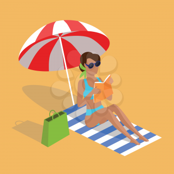 Summer vacation. Vector flat design. Leisure on tropical sunny seaside. Woman reading book in the shade of umbrella on a sand beach in the tropical country. Sunbathing and relaxing on the towel.