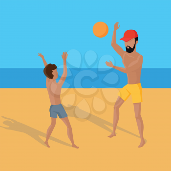 Summer vacation concept illustration. Vector flat design. Leisure on tropical sunny seaside with family. Beach entertainments and games. Volleyball in a tropical country.