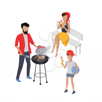 Father and son preparing barbecue design flat. Dad prepares a barbecue and nearby there is a son, and drink the juice holding the ball in his hand isolated on a green background. Vector illustration