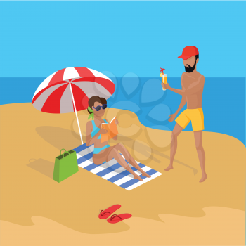 Summer vacation concept illustration. Vector flat design. Leisure on tropical sunny seaside with family. Beach entertainments and games. Cold drinks and relaxation on seacoast.