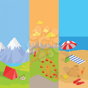 Holiday amusement park spend vacation. Relax on beach, mountain tourism and walk in park attractions. Vector illustration