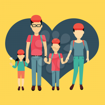 Happy family concept banner design flat style. Young family man and a woman with a son and daughter on a travel. Mother and father with child happiness lifestyle, vector illustration