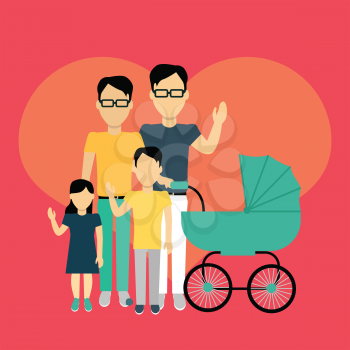Happy family homosexual concept banner design flat style. Young family gay man with a son and daughter and a stroller for a newborn. Father with child happiness lifestyle, vector illustration