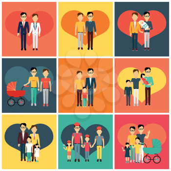 Set of happy family homosexual concept banner design flat style. Young family gay man with a son and daughter and a stroller for a newborn. Father with child happiness lifestyle, vector illustration