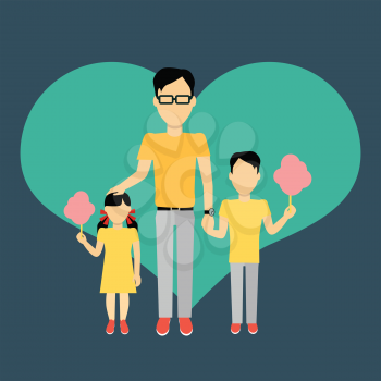 Father with children banner concept. Daddy holding hand of his daughter and son. Family and parent, girl and boy with dad, happiness together love parenting brother and sister, vector illustration