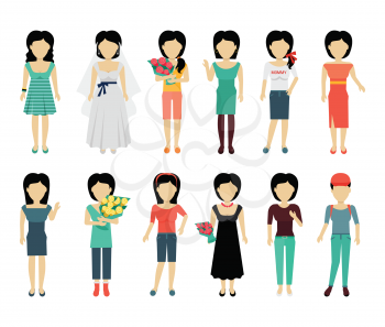 Set of female characters without face in variety cloth vector. Flat design. Woman template personages illustration for woman concepts, fashion app, logos, infographic. Isolated on white background.