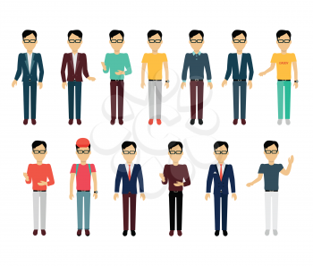 Set of male character without face in different clothing and poses vector. Flat design. Man template personages illustration for concepts, mobile app pictogram, logos, infographic. Isolated on white.