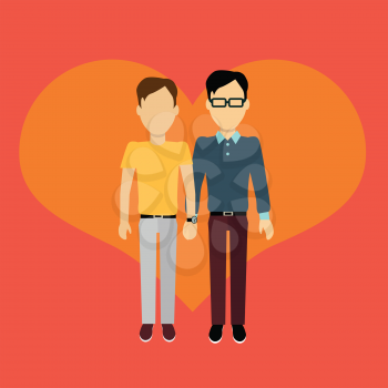 Couple in love homosexual banner flat design style. Man and boy holding hands. In the background of the heart silhouette. Romantic banner flat together male a gay couple, vector illustration