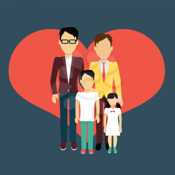 Happy family homosexual concept banner design flat style. Young family gay man and a woman with a son and daughter. Mother and father with child happiness lifestyle, vector illustration