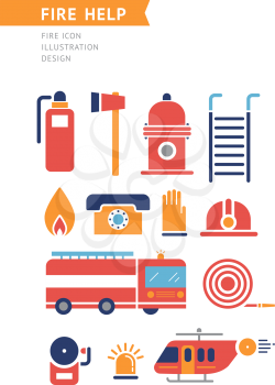 Fire help service icons set. Flat style design. Collection of equipment and tools for firefighters team. Fire helicopter, car, ax extinguisher, helmet, hose, ladder, illustrations. On white.