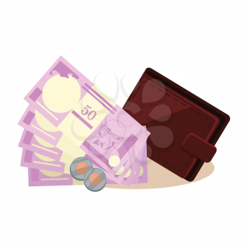 Indian currency vector concept. Rupees and coins vector. Leather wallet lying next to stacks of money with a portrait of Gandhi. Flat style design illustration. Isolated on white background.