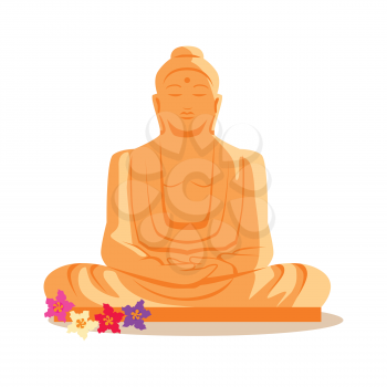 Travelling India famous historical attractions vector. Summer vacation in exotic countries concept. Buddha Statue in flat design. Acient Indian buddhist architecture illustration. Isolated on whitre.