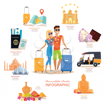 Incredible India travel infographic flat design. Vacation in exotic country vector illustration. Couple India Honeymoon. Documents, money, buildings, food, transport hotel, navigation, vector icons.