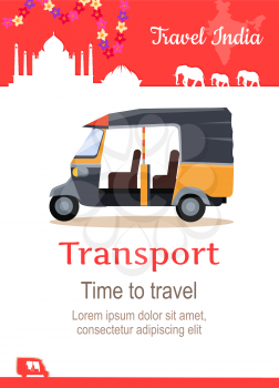 Travel India conceptual poster in flat style design. Summer vacation in exotic countries illustration. Journey to India vector template. Оriginal urban transport concept.