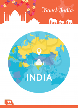 Travel India conceptual poster in flat style design. Summer vacation in exotic countries illustration. Journey to India vector template. Center of the world in low cost tourism concept.