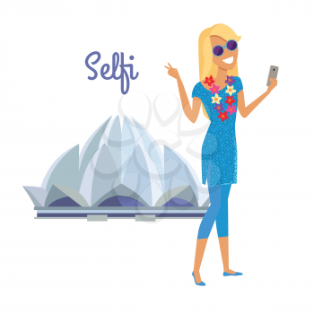Summer vacation in India concept. Journey in exotic countries vector illustration. Selfie on the background of famous historical monuments. Young woman taking pictume near Lotus temple. Flat Design.