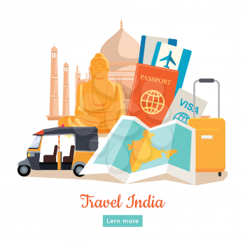 Travel India poster in flat style design. Discovering India Vector Design Template. Vacation journey to Indian attractive concept. Architecture, relics, transport, documents, suitcase illustration.