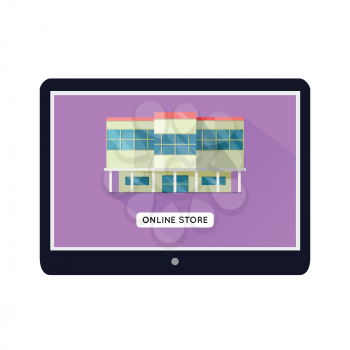 Shopping centre web page template on mobile device. Flat design. Illustration for web design, app icons, online shopping banners. Shop, shopping center, mall, supermarket, business center on screen