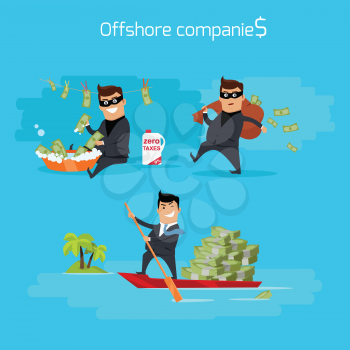 Offshore companies concept vector. Flat design. Financial crime, tax evasion, money laundering, political corruption illustration. Man in a business suit, in mask launderers, hides and takes money.