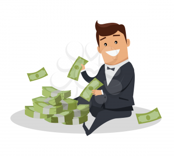 Male character with stack of money vector. Flat style design. Smiling man in business suit sitting near pile of dollar banknotes. Investment, wages, income, credit, savings, charity, wealth concept.