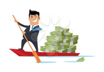 Escape with money concept vector. Flat design. Success. Financial crime, tax evasion, money laundering, political corruption illustration. Smiling man in business suit sailing away on boat with money.