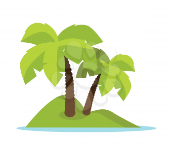 Topic island vector illustration. Flat design. Summer vacation in tropics concept. Leisure on seacoast picture for ad, web design. Tiny deserted green island in ocean with palm trees. On white.
