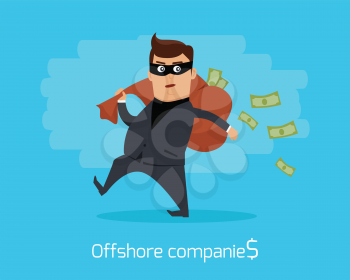 Offshore companies concept vector. Flat design. Financial crime, tax evasion, money laundering, political corruption illustration. Man in a business suit, in mask carrying a bag of money on back.
