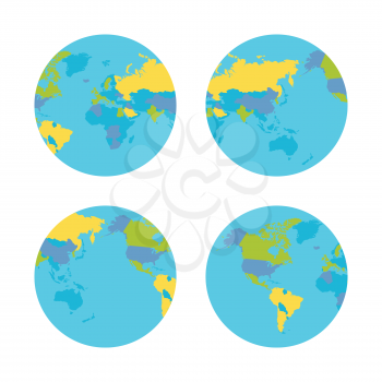 Planet Earth vector illustration from four sides. World Globe circular sequence with political map . Countries silhouettes on planet surface. Global world concept. Isolated on white background.