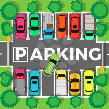 City parking vector. Shortage parking spaces, transport boom concept. Large number of cars in a crowded parking. Urban infrastructure vector illustration in flat design.