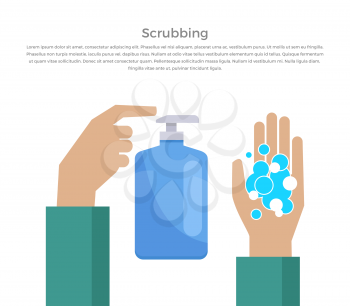 Scrubbing hand with soap design banner. Web page banner poster and hand washing instructions. Hygiene clean soap and care, hand washing water scrubbing and sanitary flat style. Vector illustration