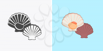 Oysters patterns in colour and monochrome variants. Seafood concept icons in flat style design. Vector illustration fresh deep-sea oyster. Beautiful shell pearl mussels.