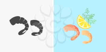 Shrimps patterns in colour and monochrome variants. Seafood concept icons in flat style design. Vector illustration prepared with lemon and herbs sea shrimp.