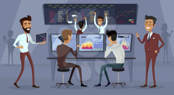 Business team work success concept. Online trading. Brokerage trading on the stock exchange vector in flat style design. Group of businessmen enjoys success deal on stock market illustration.