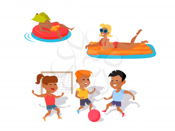 Summer fun concept illustration. Beach entertainments and games vector in flat style design. Man and woman swimming on inflatable mattresses. Two boys and girl playing ball. On white background.