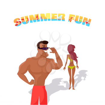 Summer fun concept illustration. Beach pickup and dating concept vector in flat style design. Muscular man looking after beautiful girl in bicini. Isolated on white background.