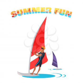 Summer fun concept illustration. Vector flat design. Active vacation on tropical sunny seaside. Water sport and entertainment. Swimming and windsurfing on the coast in flat design. On white background