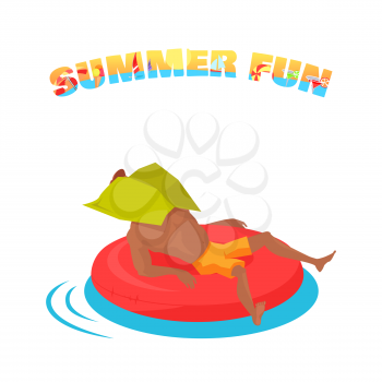 Summer water fun concept illustration. Vector flat design. Active vacation on sunny seaside. Water leasure and entertainment. Man swimming on inflatable circle during the heat. On white background.