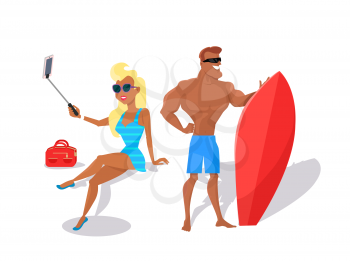 Summer fun concept illustration. Beach entertainments. Selfies and surfing vector in flat style design. Pretty blonde woman in swimsuit making selfie, muscular smiling man standing with surfboard.