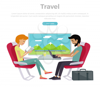 Train travel concept web banner. Railway comfort family journey vector illustration in flat style design. Young couple relaxing sitting in comfortable armchairs in express.