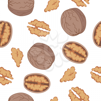 Walnut seamless pattern vector in flat design. Traditional snack. Healthy food. Nut ornament for wallpapers, polygraphy, textiles, web page design, surface textures. Isolated on white background.